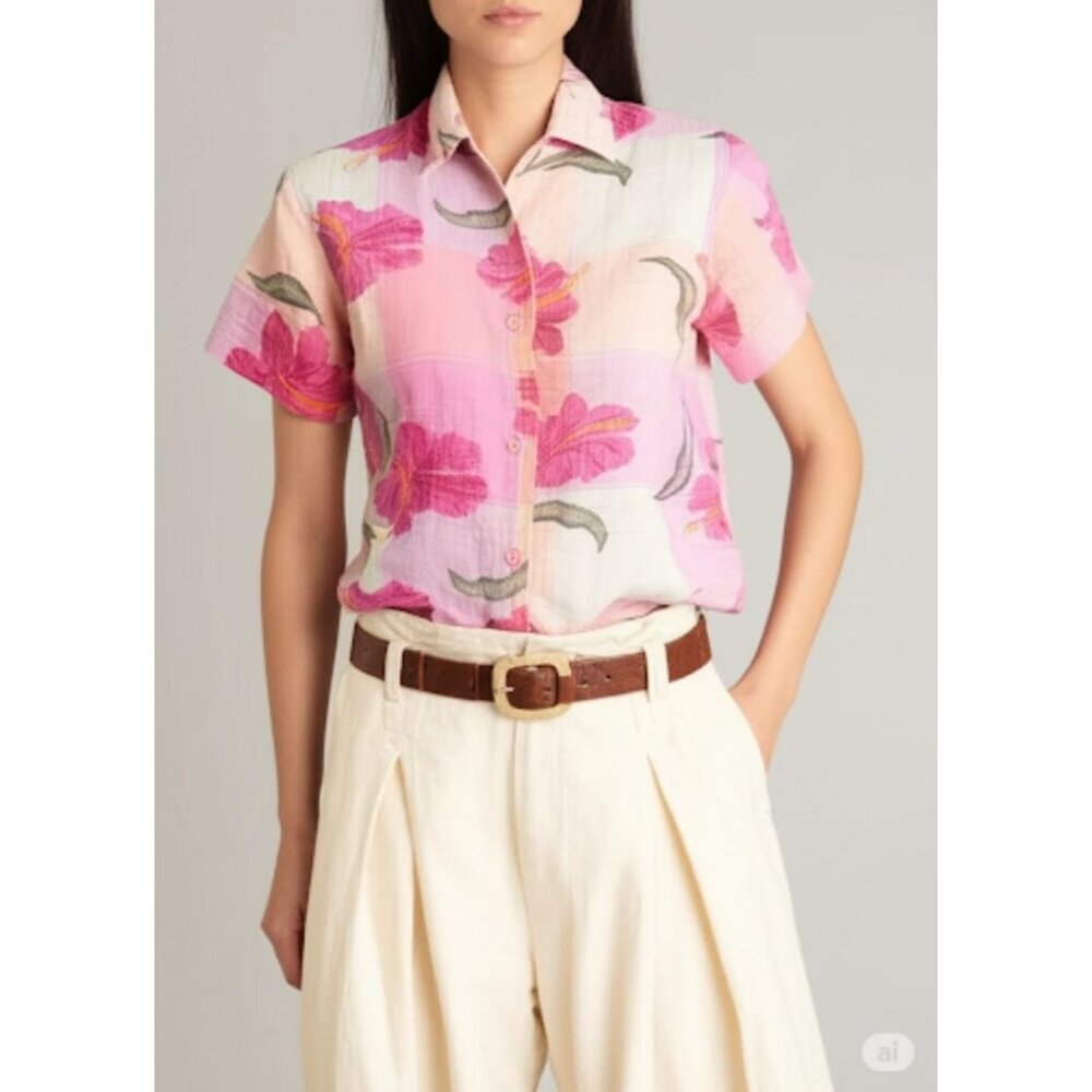 Dressbarn Pink Artsy Embroidery Floral Vintage Lagenlook Button-Up Shirt Size 8
